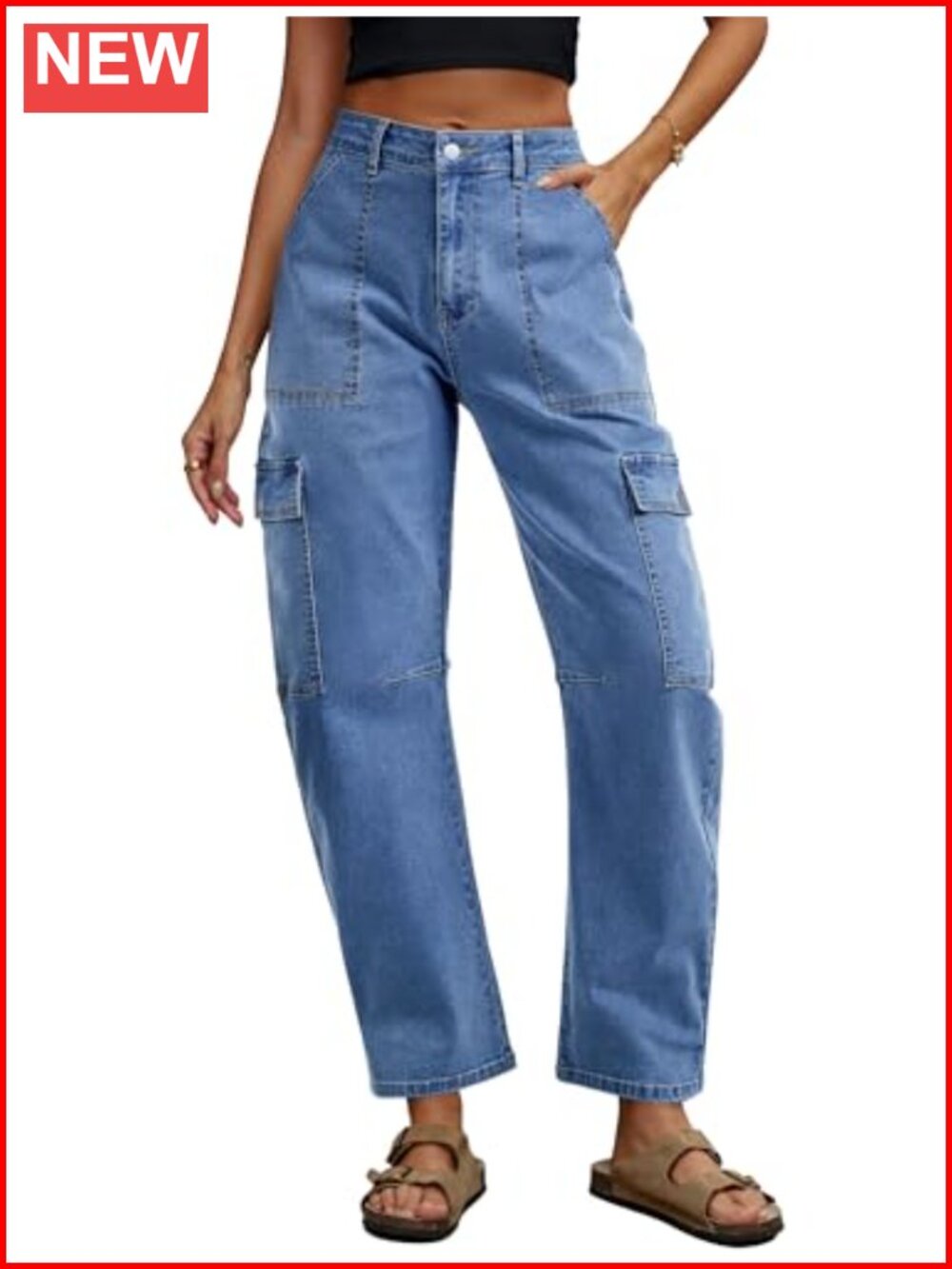 Wide Leg High Waisted Cargo Jeans with 6 Pockets